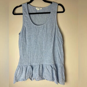 BeachLunchLounge | Blue & White Striped Ruffle Hem Linen Cotton Tank Medium